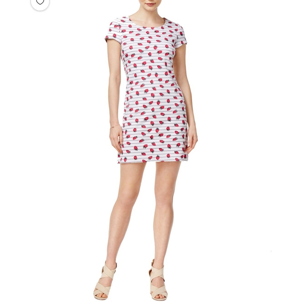 Maison Jules Strawberry Striped Dress Womens Medium White Pink Mini Shift Pique